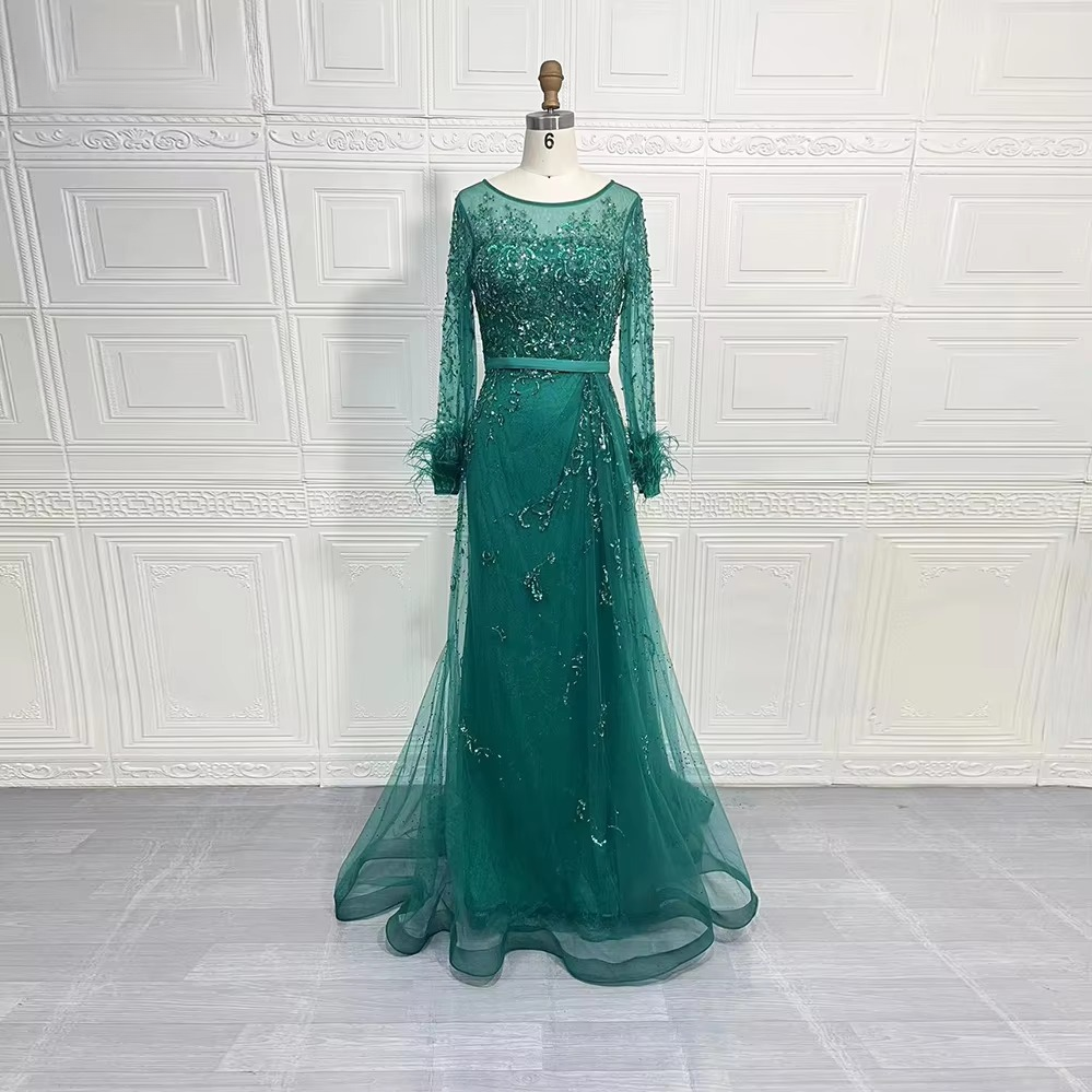 Elegant Beads Sequin Lace Feather Evening Party Dress - Image 5