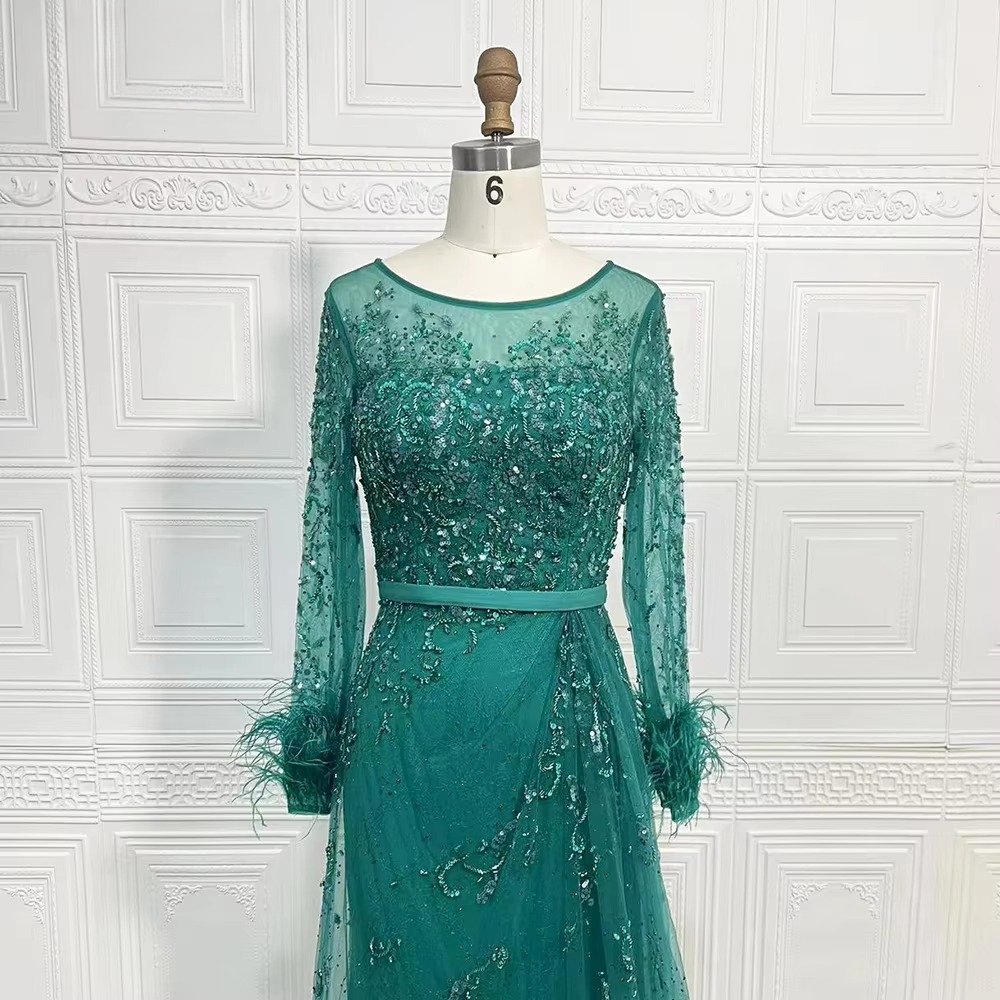 Elegant Beads Sequin Lace Feather Evening Party Dress - Image 7