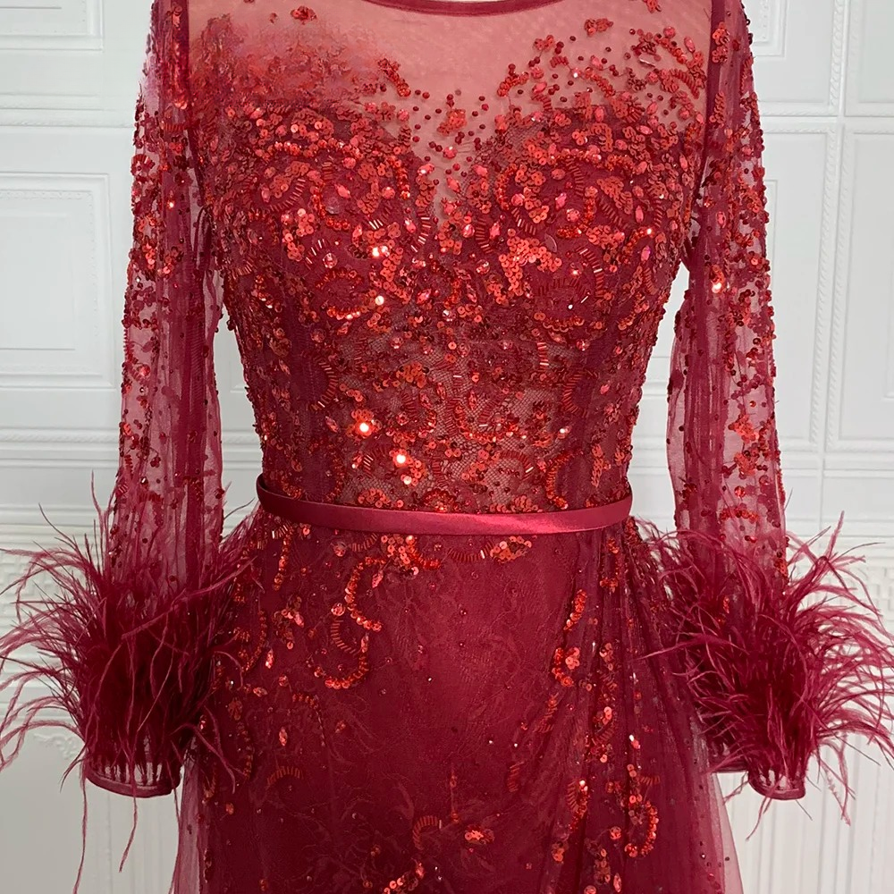 Elegant Beads Sequin Lace Feather Evening Party Dress - Image 4