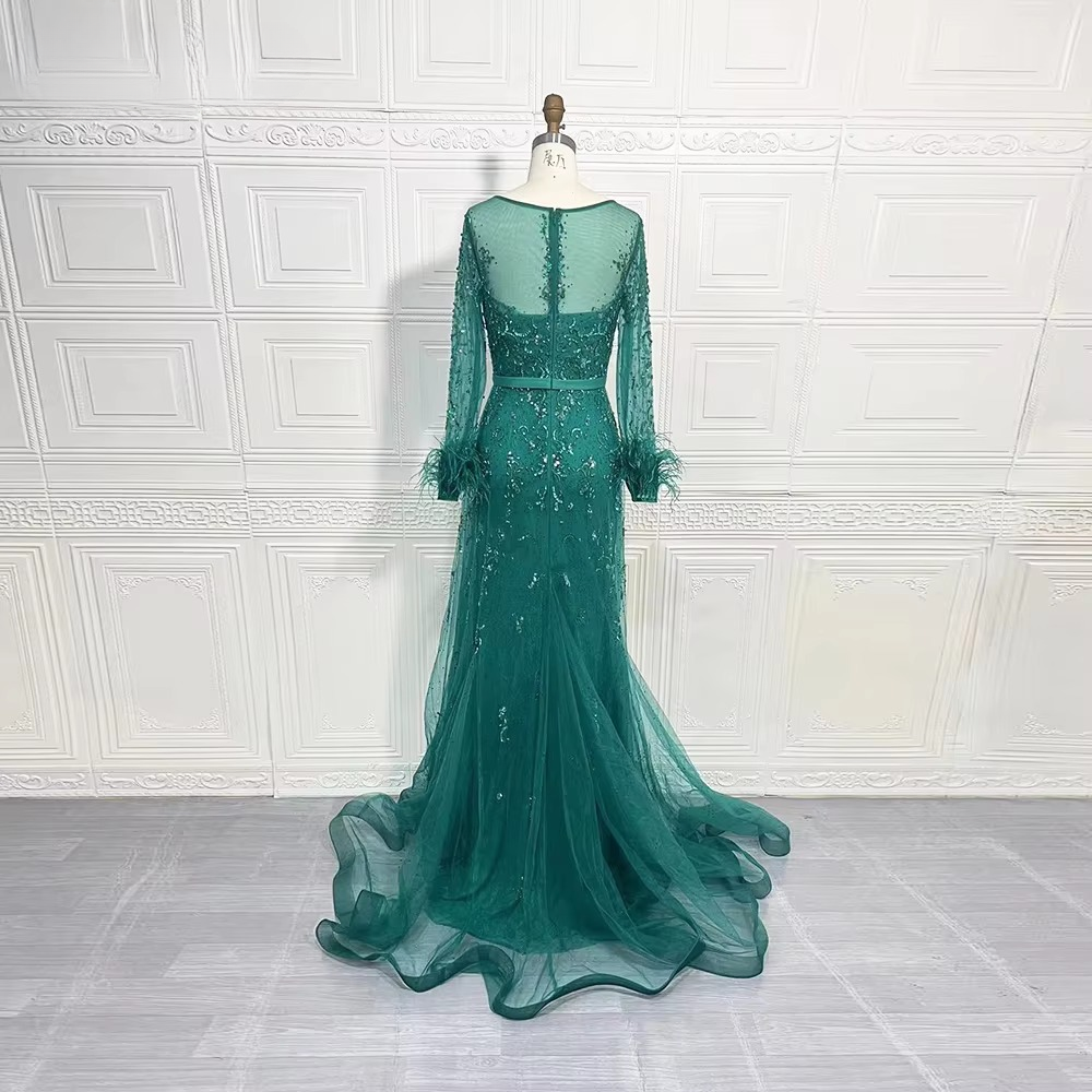 Elegant Beads Sequin Lace Feather Evening Party Dress - Image 6