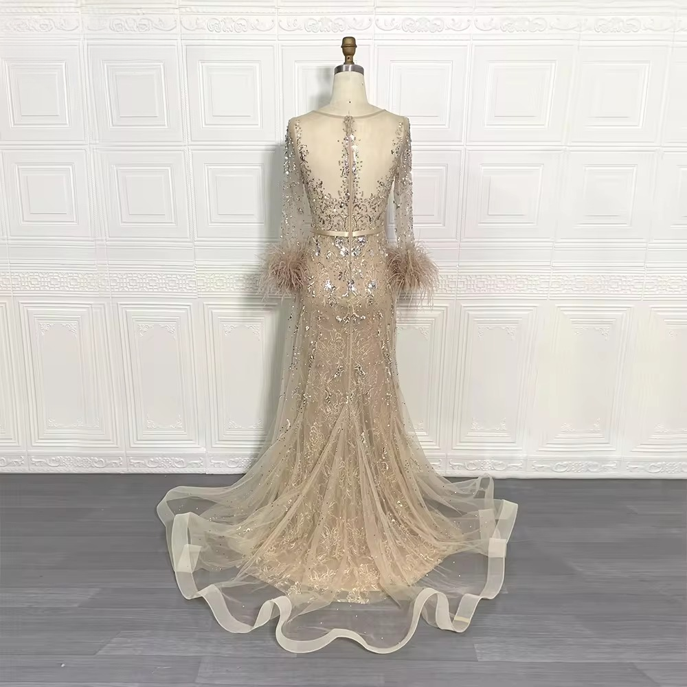 Elegant Beads Sequin Lace Feather Evening Party Dress - Image 13