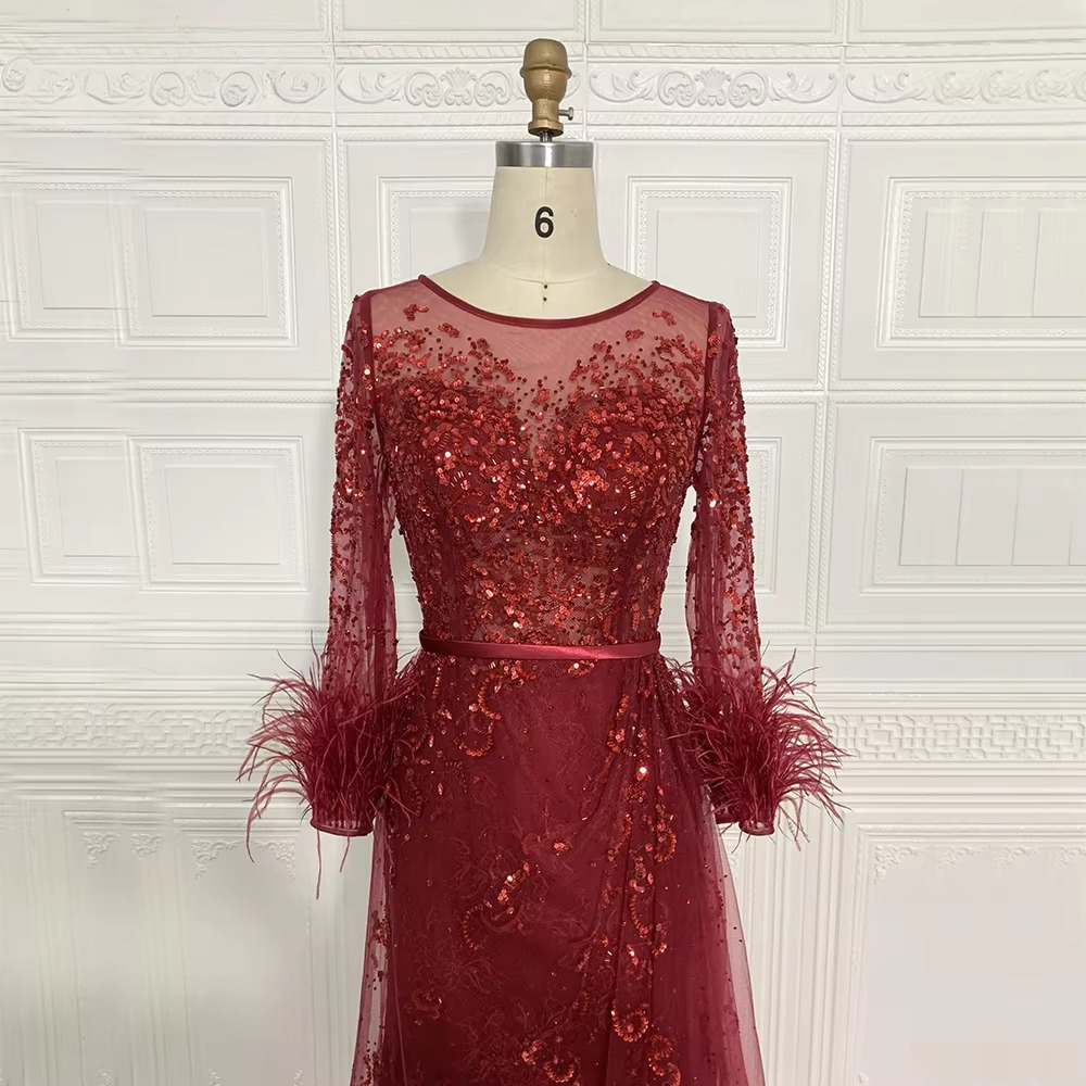 Elegant Beads Sequin Lace Feather Evening Party Dress - Image 3