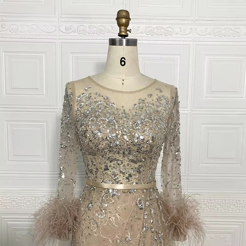 Elegant Beads Sequin Lace Feather Evening Party Dress - Image 12