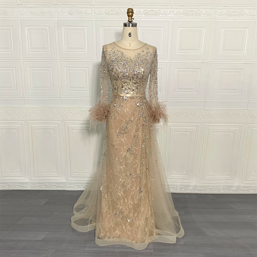 Elegant Beads Sequin Lace Feather Evening Party Dress - Image 10