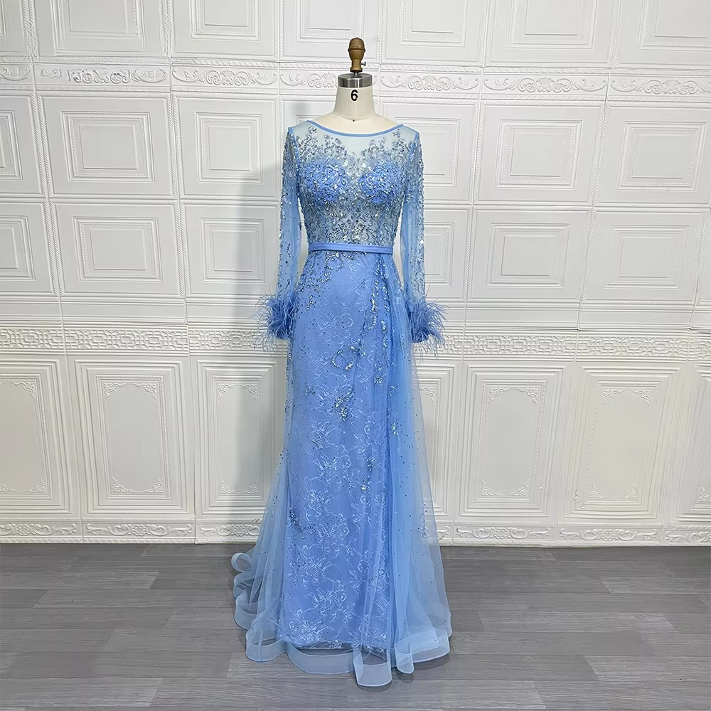 Elegant Beads Sequin Lace Feather Evening Party Dress - Image 8