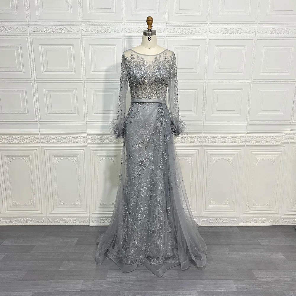 Elegant Beads Sequin Lace Feather Evening Party Dress - Image 16