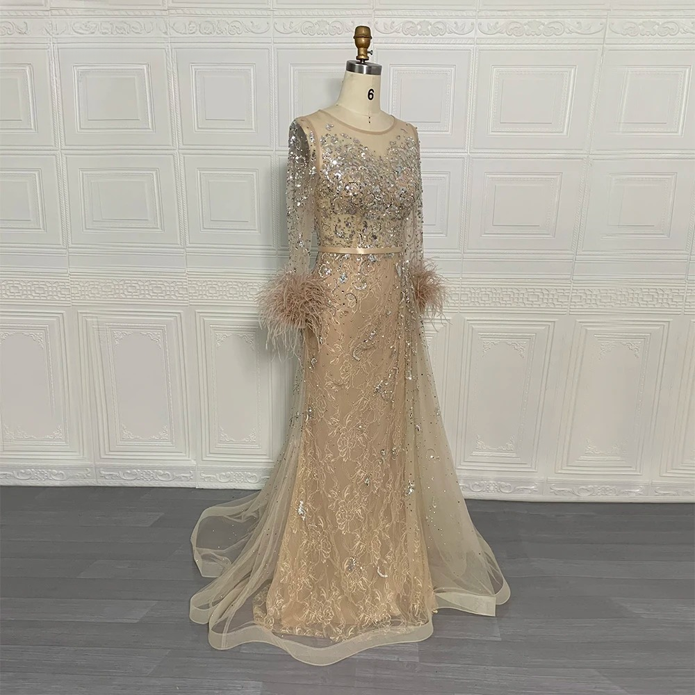Elegant Beads Sequin Lace Feather Evening Party Dress - Image 11