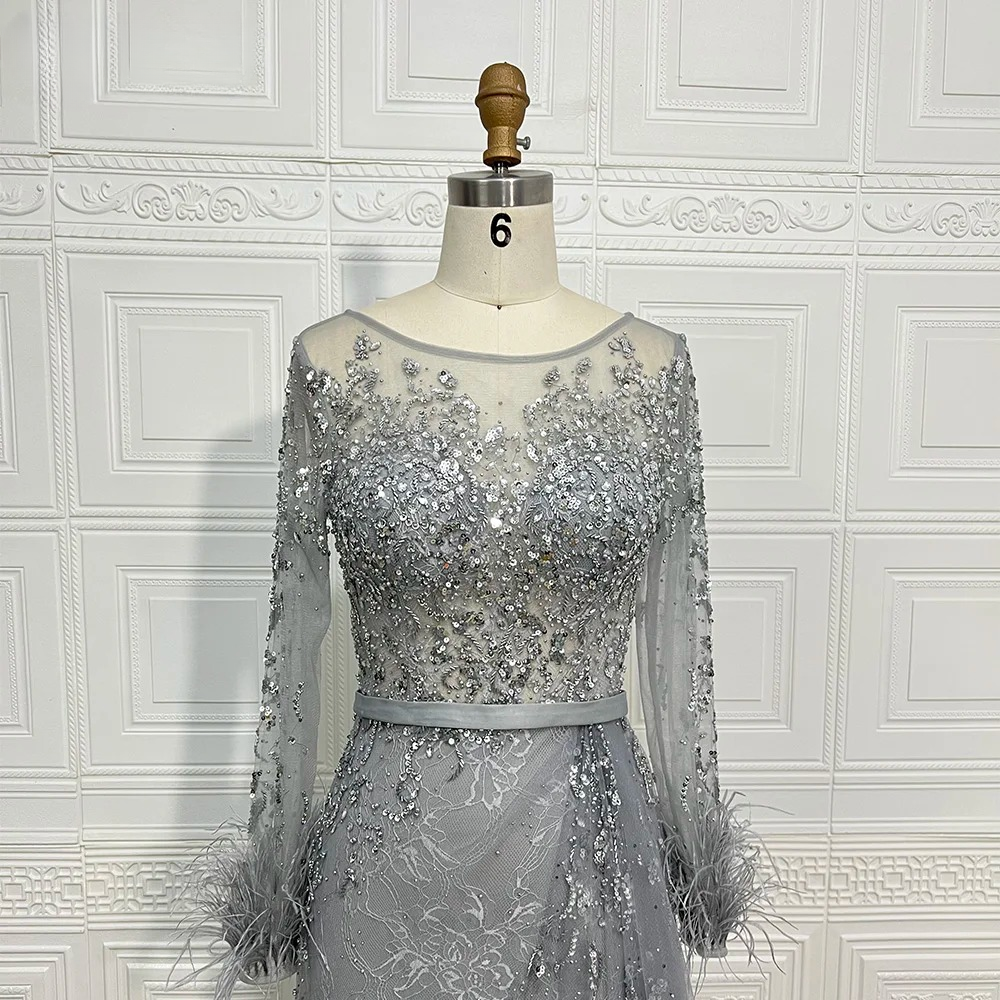 Elegant Beads Sequin Lace Feather Evening Party Dress - Image 17