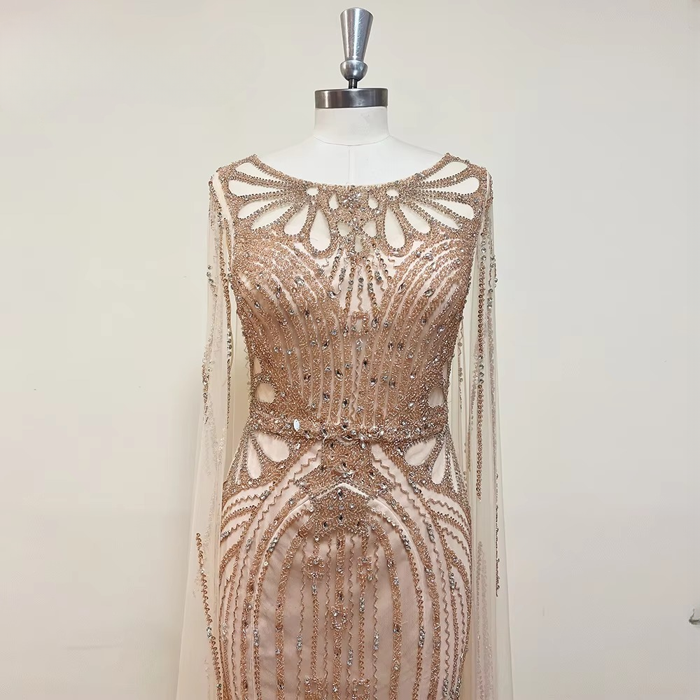 Elegant Beads With Long Cap Mermaid Evening Party Dress - Image 4