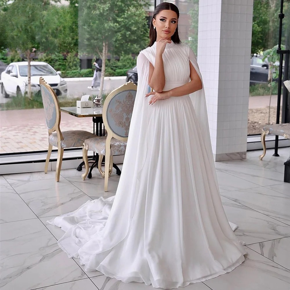 Elegant Chiffon Crystal Cape Floor-Length Evening Party Dress