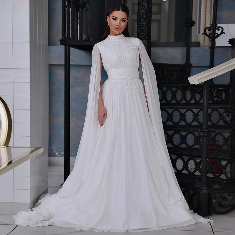 Elegant Chiffon Crystal Cape Floor-Length Evening Party Dress - Image 4