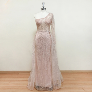 Elegant Crystal One Shoulder Long Sleeves Evening Part Maxi Dress