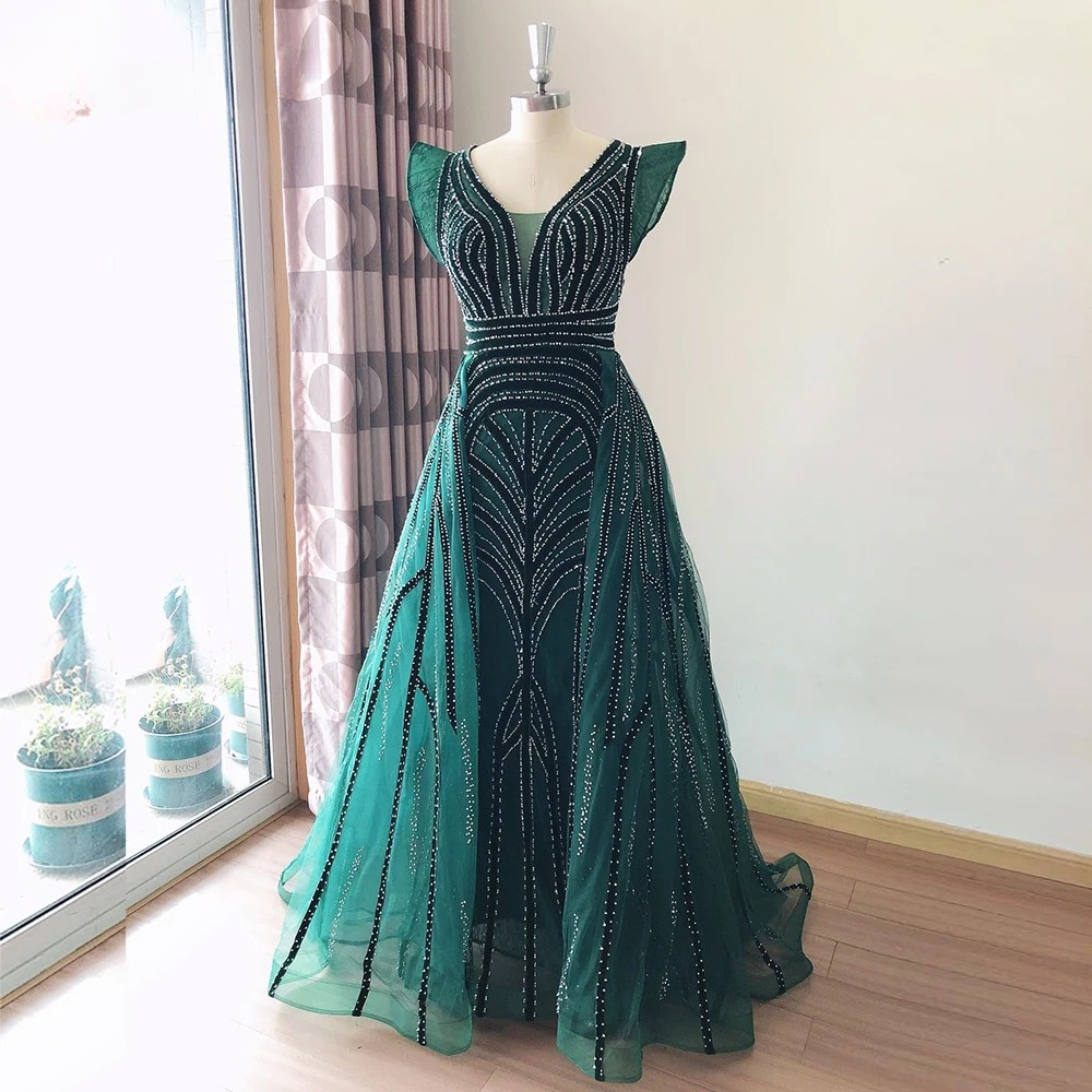 Elegant Crystal Velvet Cap Sleeves Mermaid Evening Party Maxi Dress - Image 2