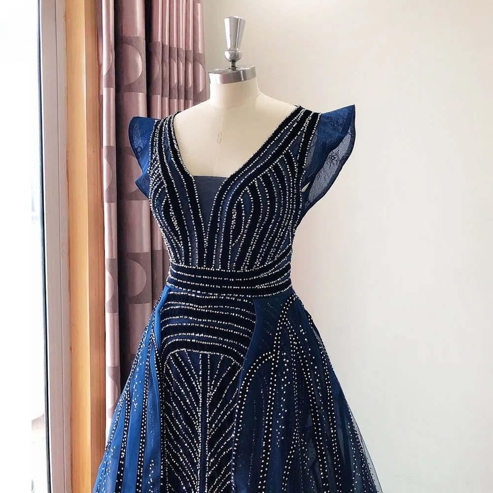 Elegant Crystal Velvet Cap Sleeves Mermaid Evening Party Maxi Dress - Image 7