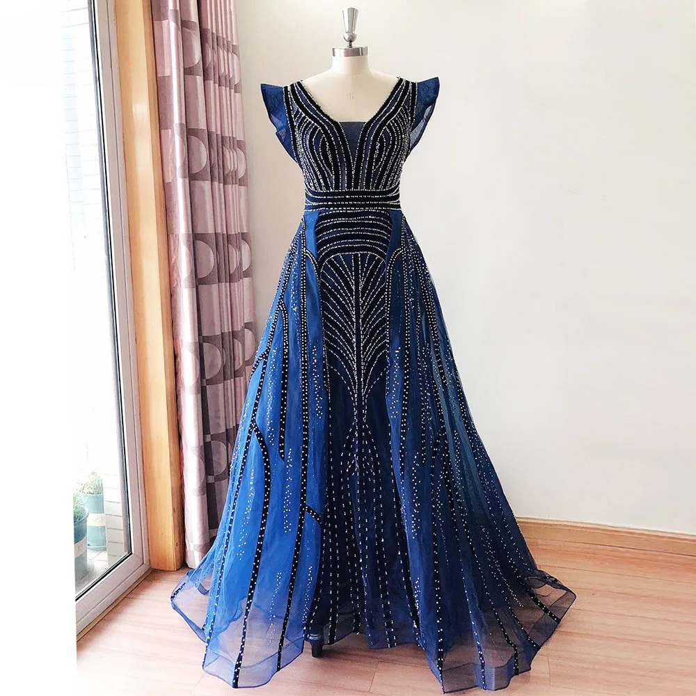 Elegant Crystal Velvet Cap Sleeves Mermaid Evening Party Maxi Dress - Image 5