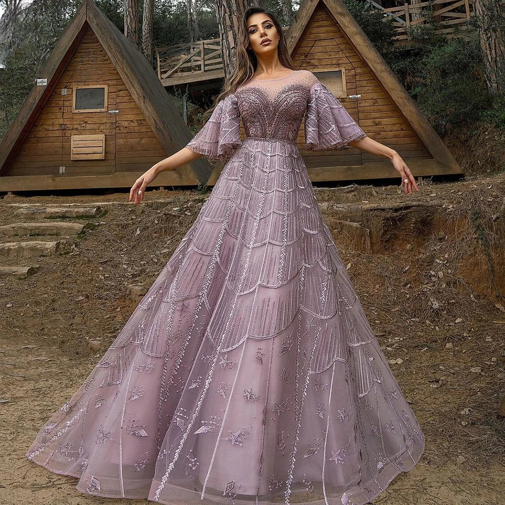 Elegant Exquisite Trumpet Sleeve Crystal Evening Party Dress