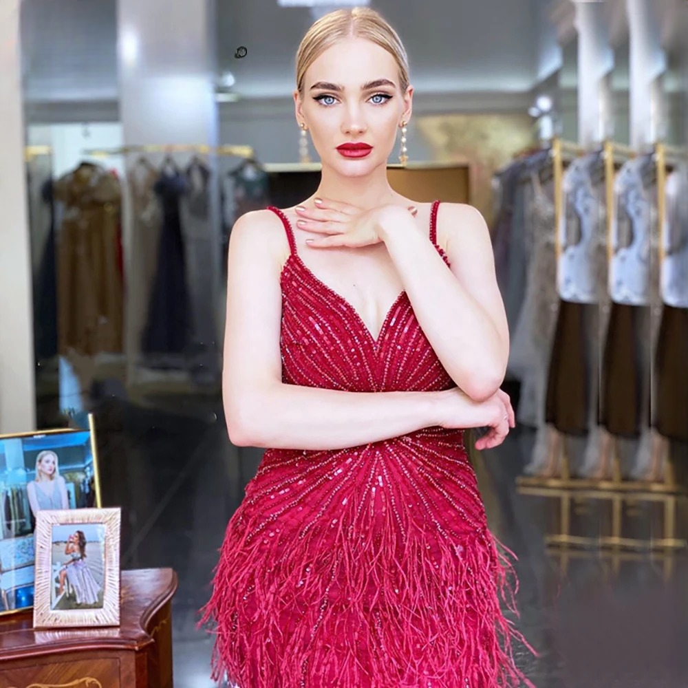 Elegant Feathers Mermaid Skin Lining Front Slit Evening Party Dress - Image 8