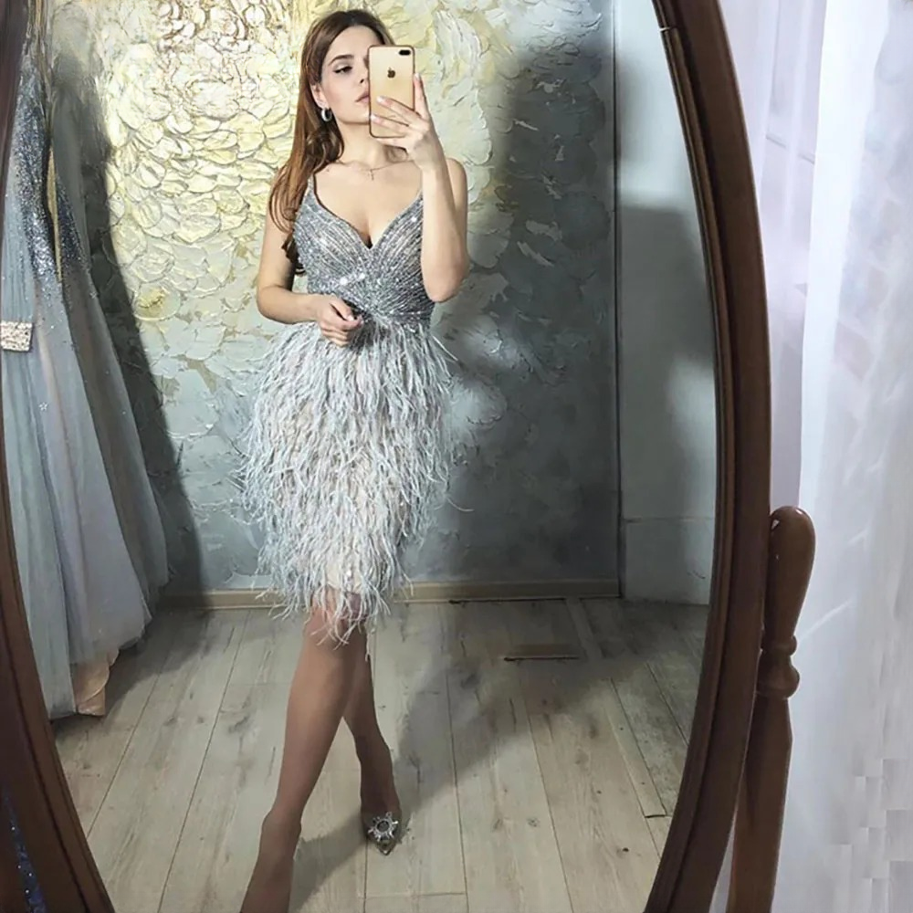 Elegant Feathers Mermaid Skin Lining Front Slit Evening Party Dress - Image 2