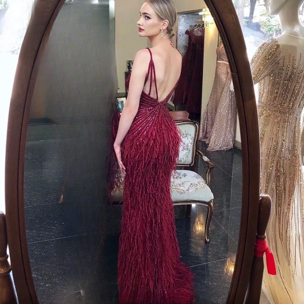 Elegant Feathers Mermaid Skin Lining Front Slit Evening Party Dress - Image 9