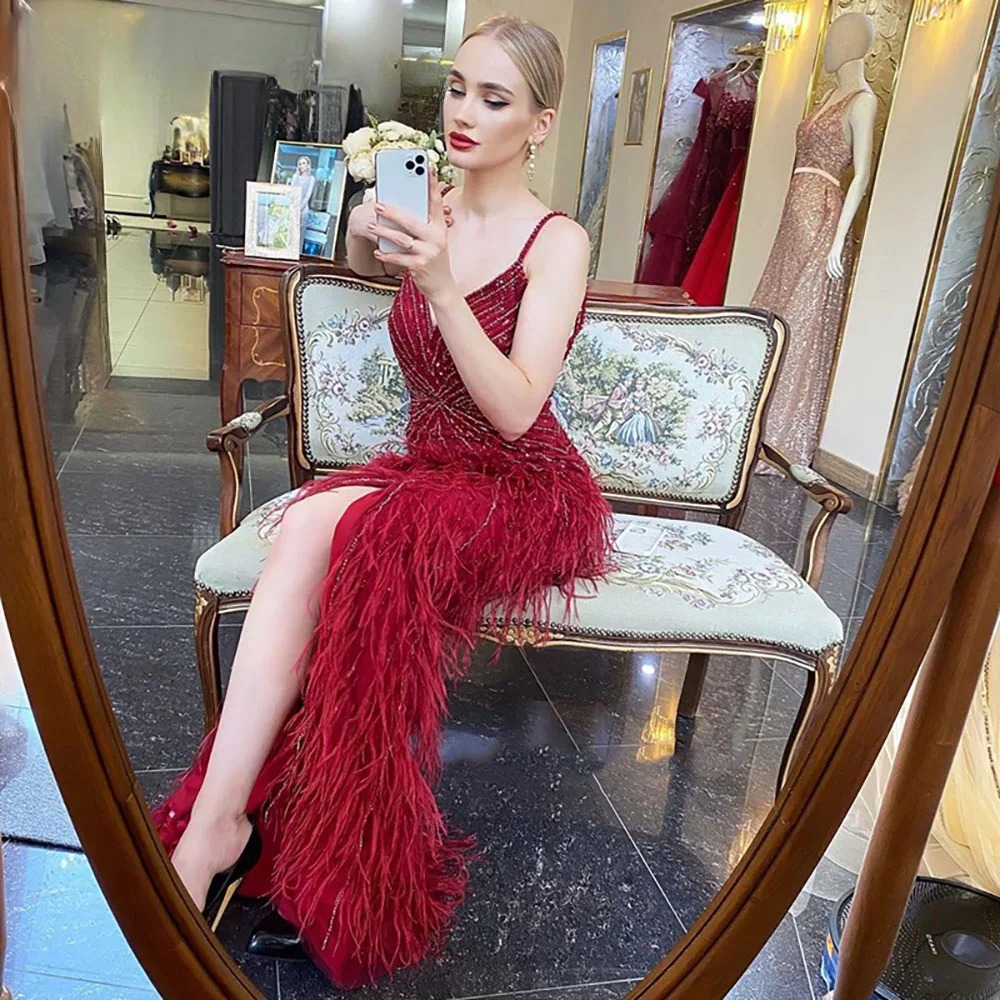 Elegant Feathers Mermaid Skin Lining Front Slit Evening Party Dress - Image 6