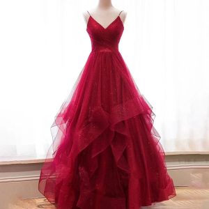 Elegant Glitter Tulle Spaghetti Straps Floor-Length Party Prom Dress