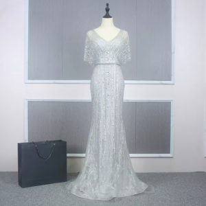 Elegant Half Sleeves Beading Luxury Mermaid Evening Party Dress