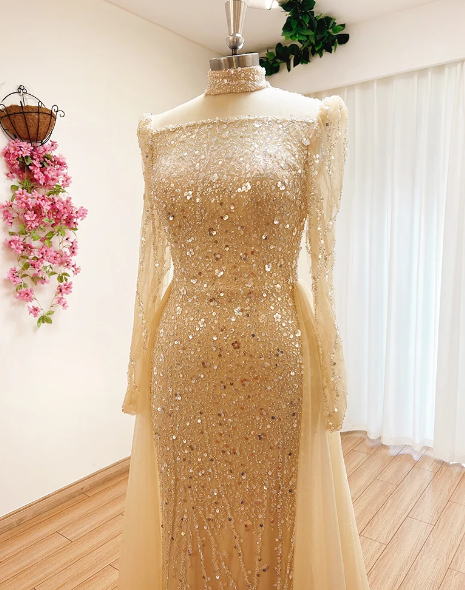 Elegant High Neck Beads Mermaid Evening Party Dress - Image 16