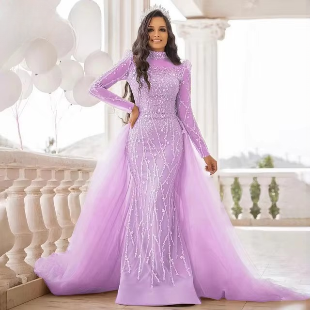 Elegant High Neck Beads Mermaid Evening Party Dress - Image 7