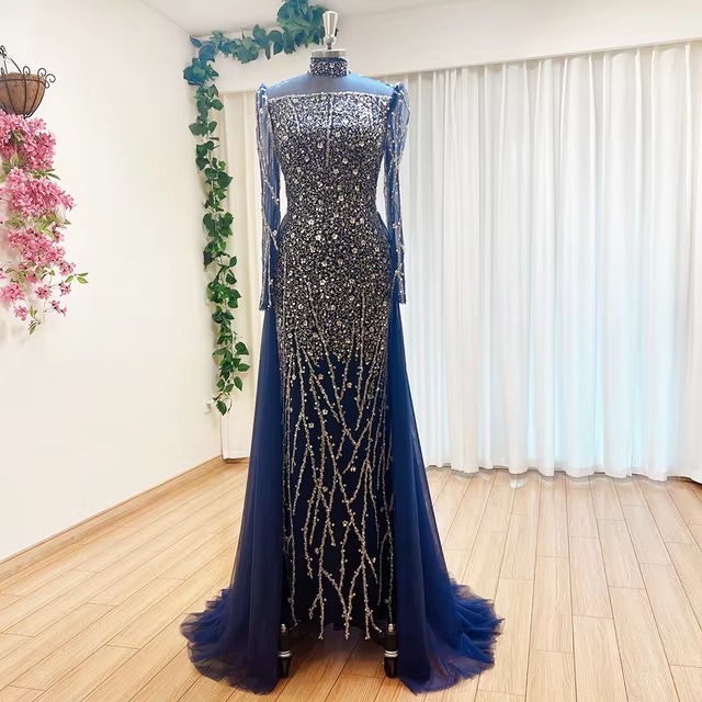 Elegant High Neck Beads Mermaid Evening Party Dress - Image 21