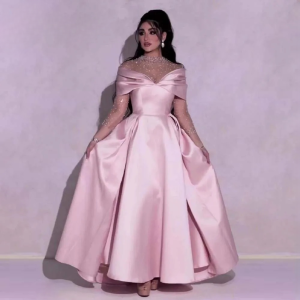 Elegant High Neck Satin Beads Pearls Aline Evening Party Dress