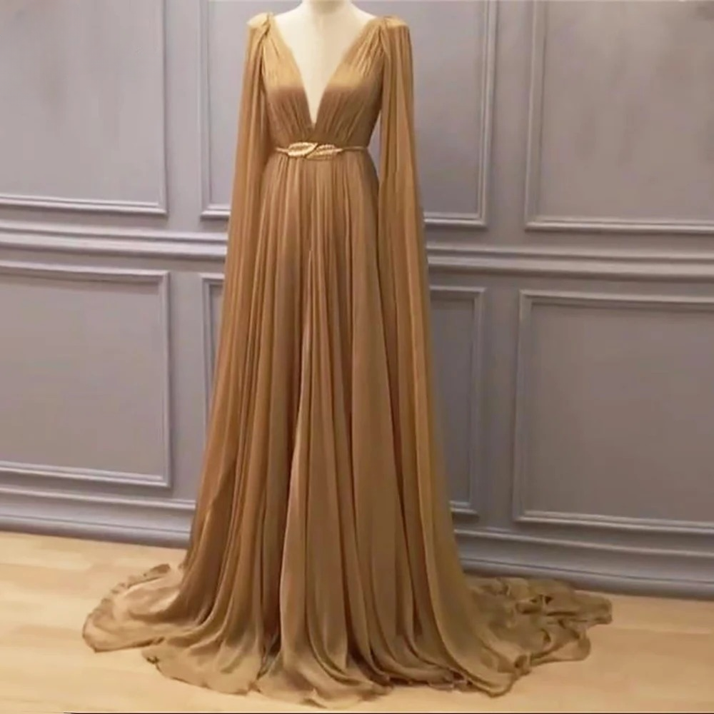 Elegant Long Cape Chiffon Floor-Length Evening Party Dress - Image 3