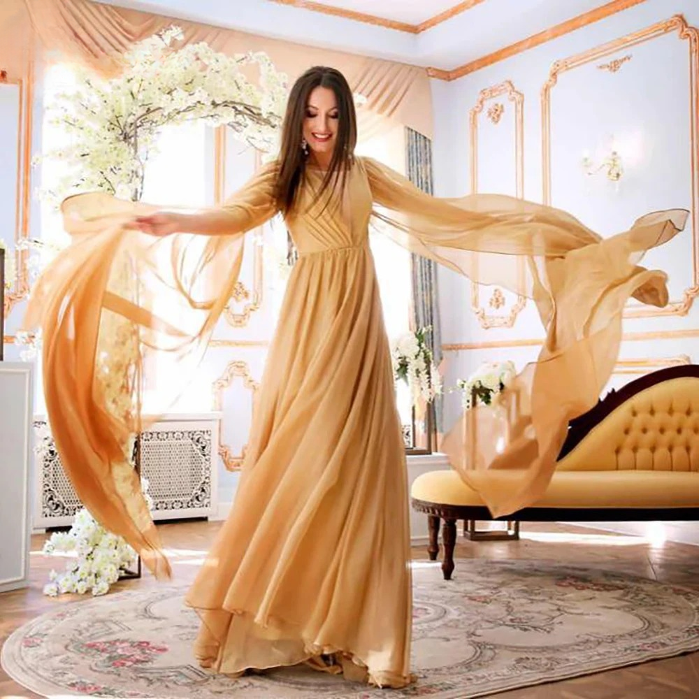 Elegant Long Cape Chiffon Floor-Length Evening Party Dress