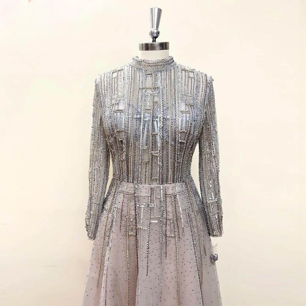 Elegant Long Sleeves Aline Crystal High Neck Evening Party Maxi Dress - Image 6