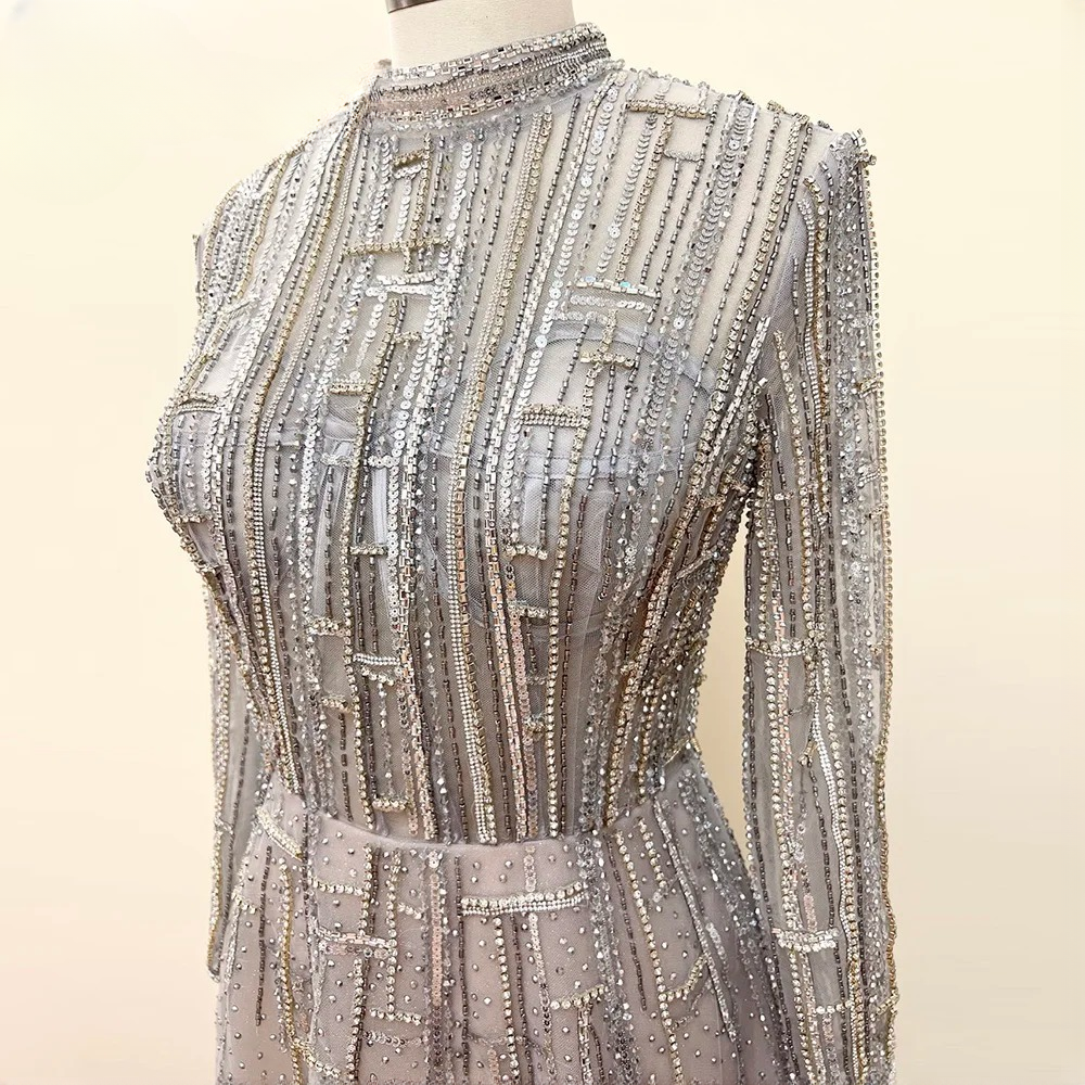 Elegant Long Sleeves Aline Crystal High Neck Evening Party Maxi Dress - Image 7