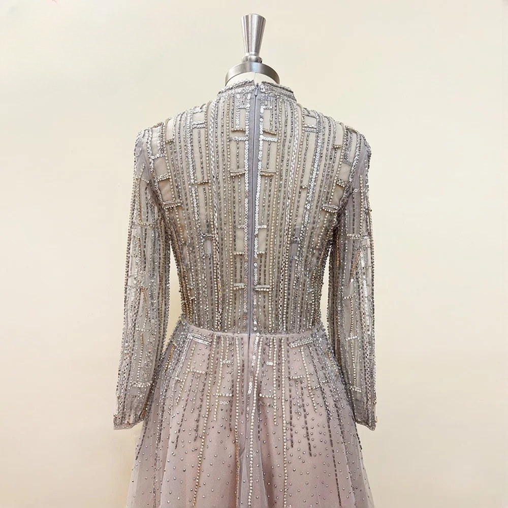 Elegant Long Sleeves Aline Crystal High Neck Evening Party Maxi Dress - Image 2