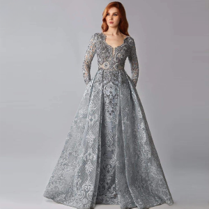 Elegant Long Sleeves Mermaid Crystal Lace Evening Party Dress