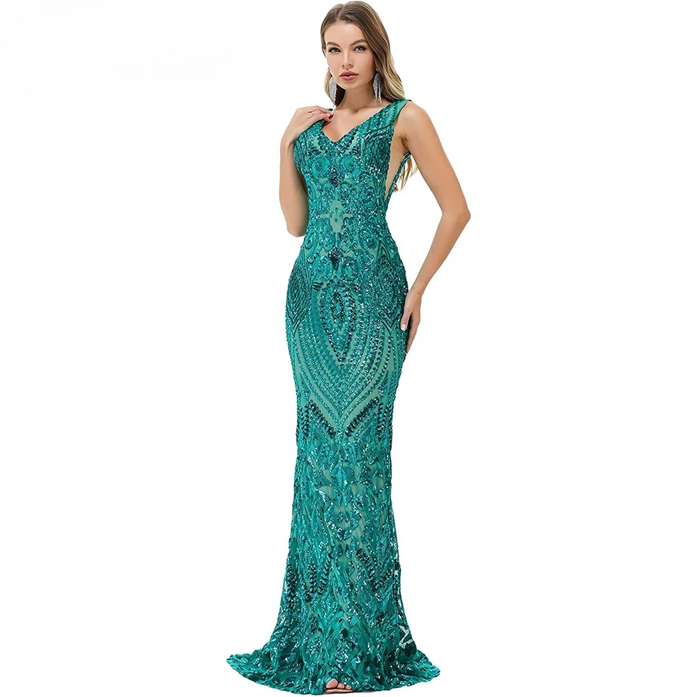 Elegant Luxury V-Neck Sequin Mermaid Prom Floor-Length Maxi Dress - Image 3