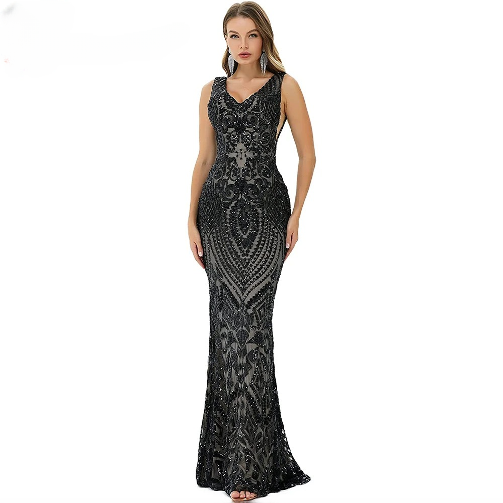 Elegant Luxury V-Neck Sequin Mermaid Prom Floor-Length Maxi Dress - Image 9