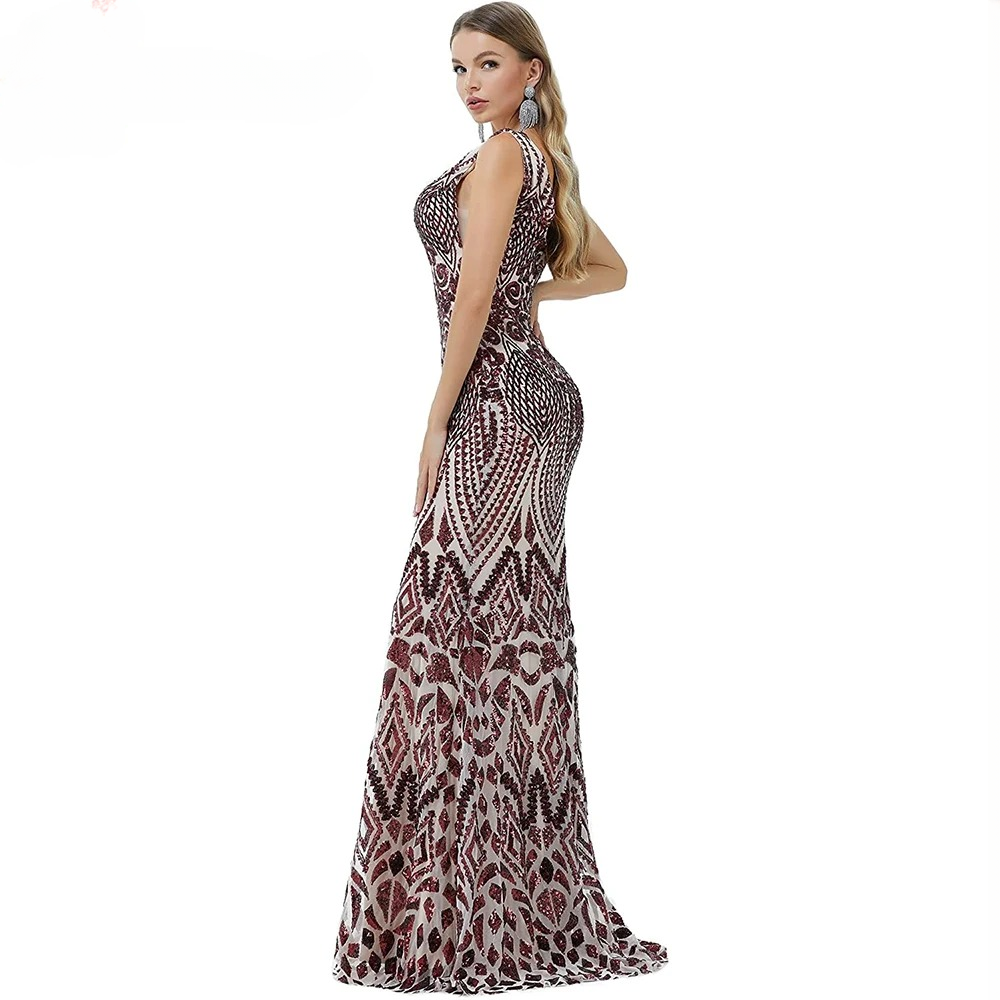 Elegant Luxury V-Neck Sequin Mermaid Prom Floor-Length Maxi Dress - Image 12