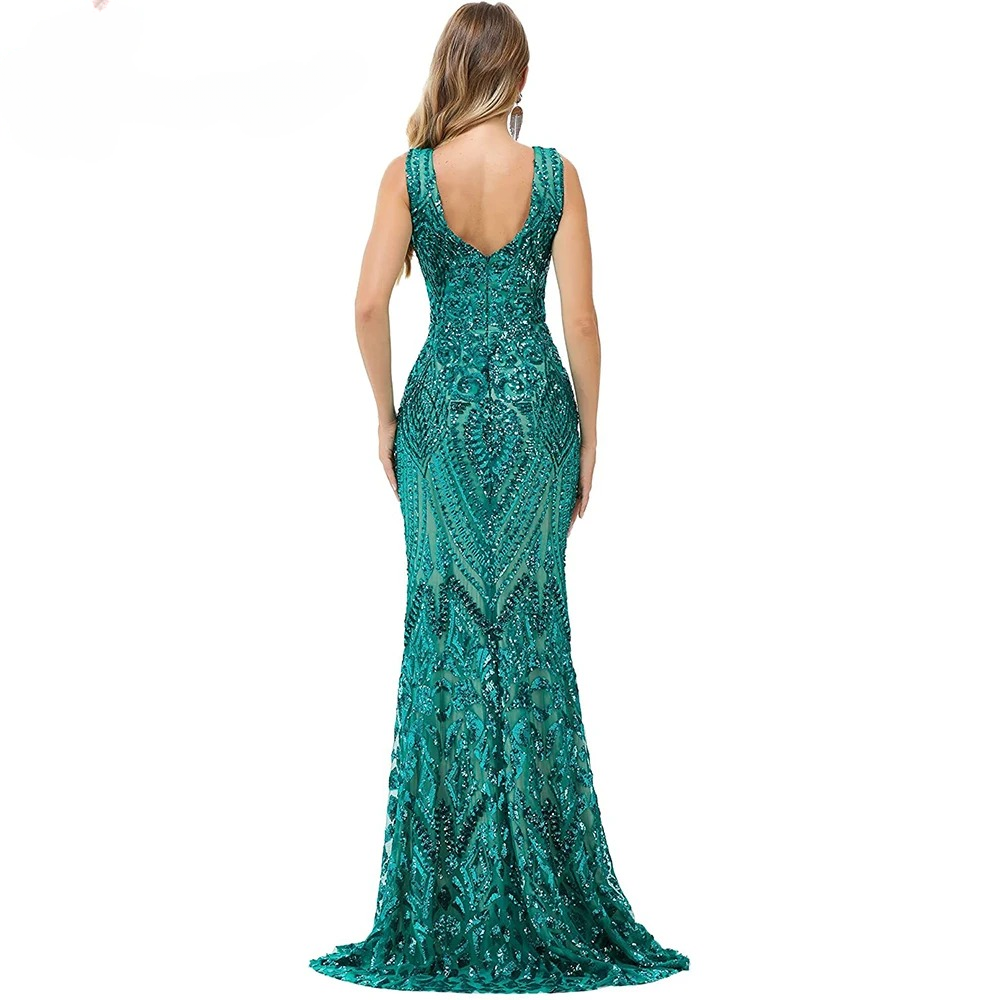 Elegant Luxury V-Neck Sequin Mermaid Prom Floor-Length Maxi Dress - Image 4
