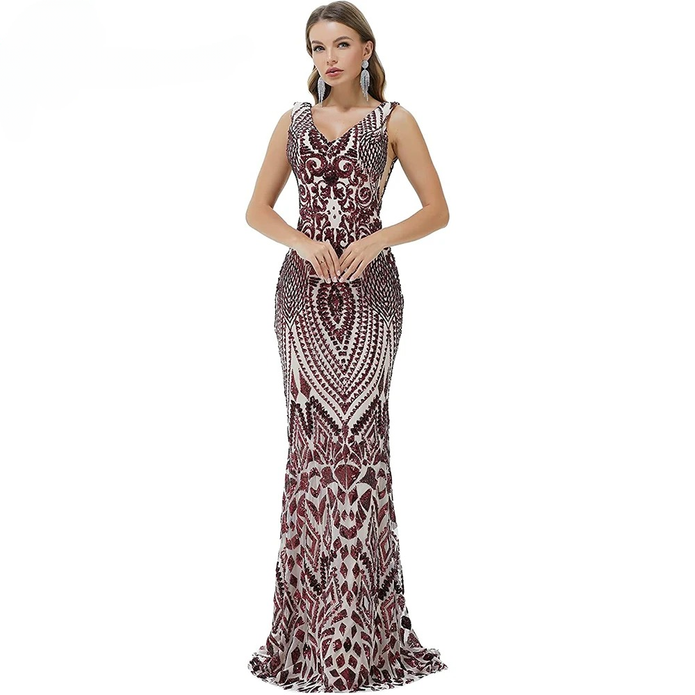 Elegant Luxury V-Neck Sequin Mermaid Prom Floor-Length Maxi Dress - Image 11