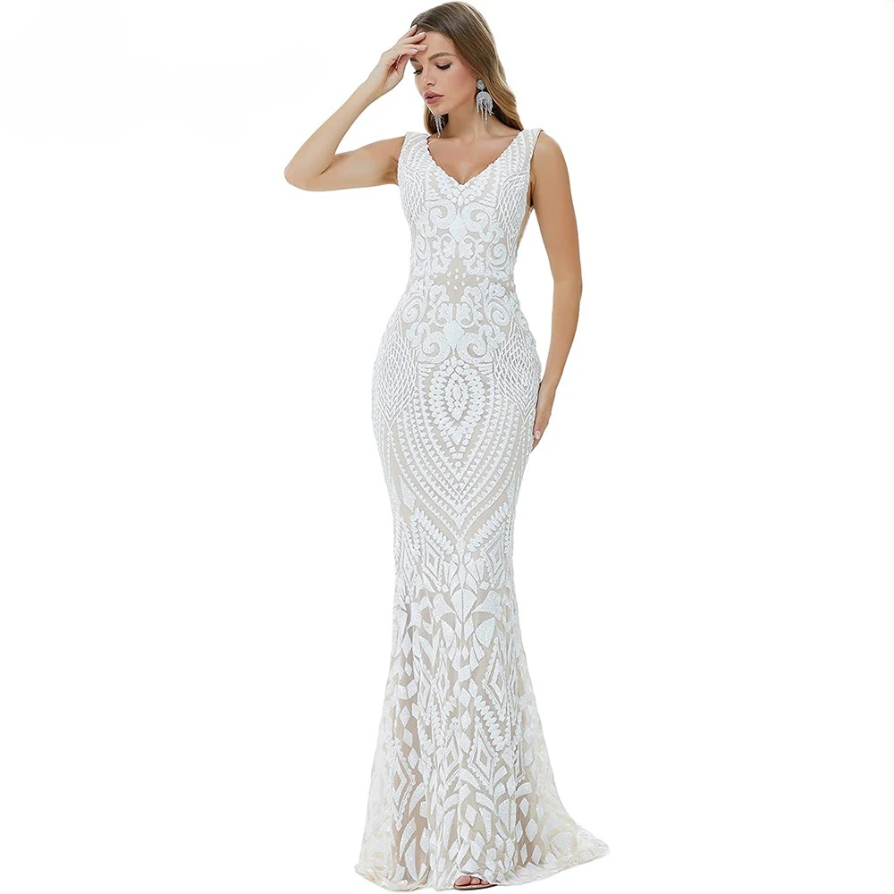 Elegant Luxury V-Neck Sequin Mermaid Prom Floor-Length Maxi Dress - Image 5