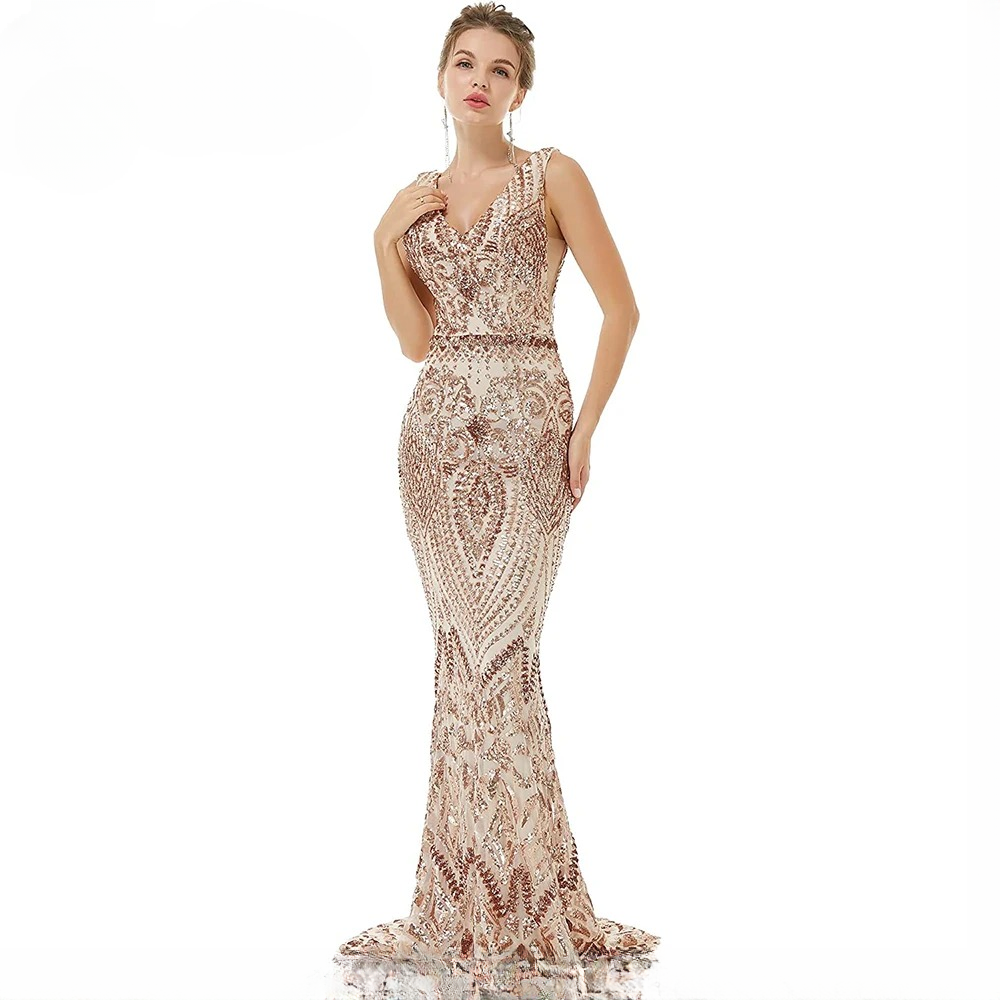 Elegant Luxury V-Neck Sequin Mermaid Prom Floor-Length Maxi Dress - Image 10
