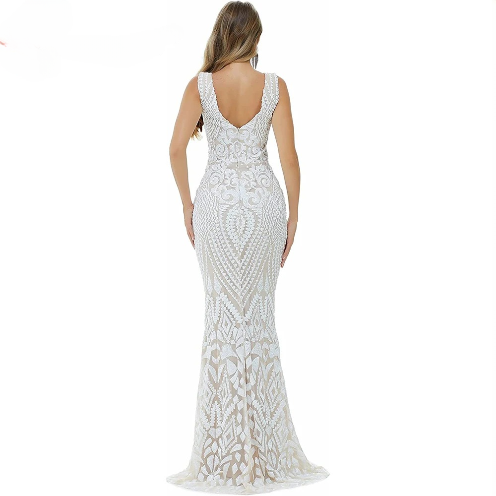 Elegant Luxury V-Neck Sequin Mermaid Prom Floor-Length Maxi Dress - Image 6