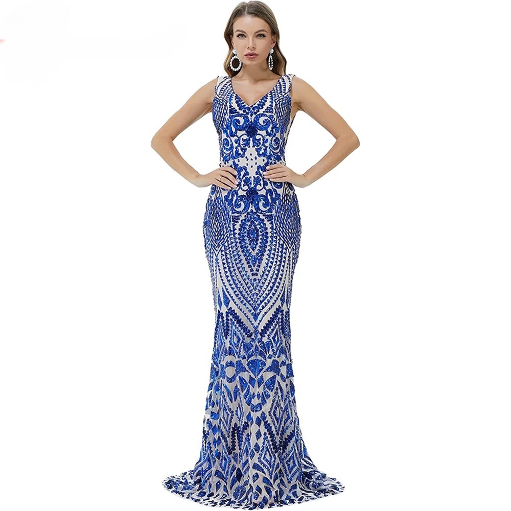 Elegant Luxury V-Neck Sequin Mermaid Prom Floor-Length Maxi Dress - Image 7