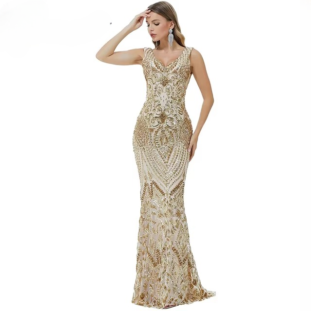 Elegant Luxury V-Neck Sequin Mermaid Prom Floor-Length Maxi Dress - Image 14