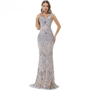 Elegant Luxury V-Neck Sequin Mermaid Prom Floor-Length Maxi Dress