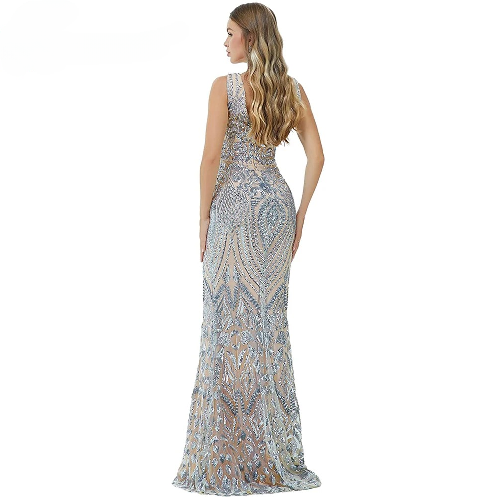 Elegant Luxury V-Neck Sequin Mermaid Prom Floor-Length Maxi Dress - Image 2