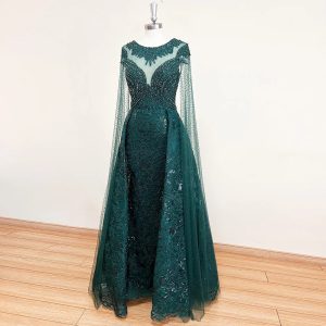 Elegant Mermaid Lace Beaded Long Cape Sleeves Evening Party Dress