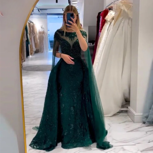 Elegant Mermaid Lace Cape Sleeves Evening Party Dress